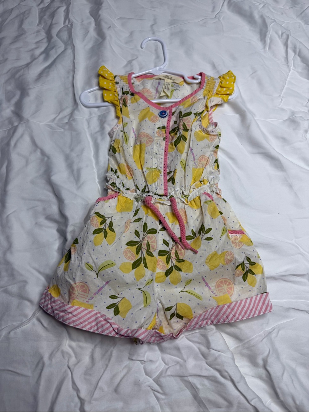 Matilda Jane Girls Lemon Print Romper with Pink Trim size 2